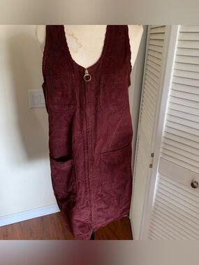 Corduroy Pinafore Dress in Deep Burgundy, full front zipper, and pockets